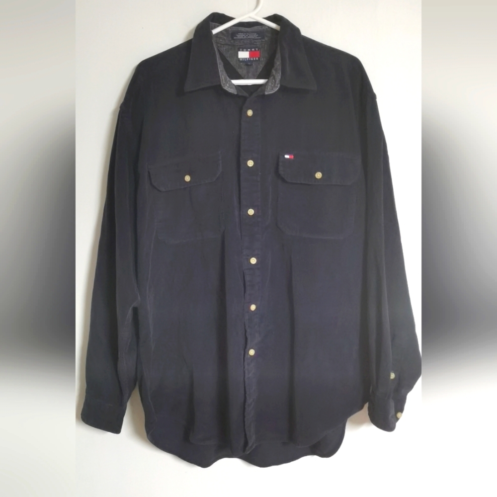 Tommy Hilfiger Men's L Long Sleeve Navy Blue Corduroy Button Down Thick Shirt